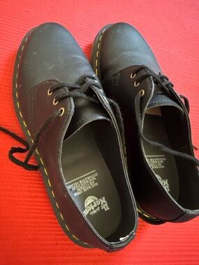 Dr. Martens Black Vegan Leather 3-Eye Derby with Yellow Stitching